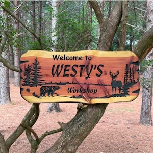 Live Edge Wood Sign - Wooden - Cedar - Carve - Cabin - Outdoor Sign - Custom Sign - Carved Sign - Deer - Bear Rustic Sign - Personalized