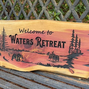 OUTDOOR Live Edge Cedar Wood Sign - Custom Carved Sign - Cabin Sign - Vacation Home Rental - Chalet- Lakehouse Sign - Moose Lake Bear Sign