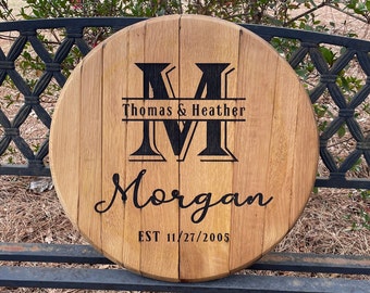 Unique Guestbook made with Reclaimed Barrel Head- Custom Sign - Engraved Wedding Anniversary Design- Personalized Signing Board- Guestbook