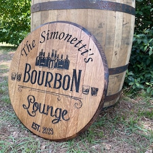 CUSTOM Reclaimed Oak Bourbon Barrel Lid Sign - Recycled Bourbon Barrel - Custom Design - Wall Hanging - Engraved - Personalized