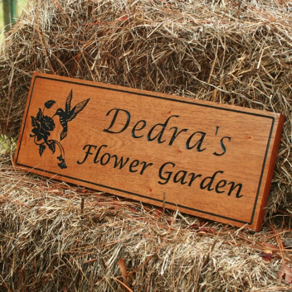 Garden Sign - Personalized Sign - Custom Wood Sign - Hummingbird - Carved Sign - Rustic Sign - Farm Name - Spanish Cedar