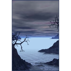 Puede incluir: Una ilustración digital de un paisaje oscuro y melancólico con una masa de agua en el centro. El agua es de color azul claro y está rodeada de acantilados rocosos. El cielo es de color gris oscuro con algunas nubes. Hay dos árboles desnudos en primer plano, uno a cada lado del agua.
