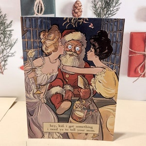 Hé, zeg tegen je moeder dat de kerstman naar de stad komt.  Wenskaart met glimmende ogen