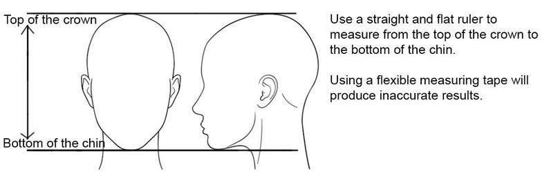 Puede incluir: Un dibujo de l&iacute;neas en blanco y negro que muestra una vista frontal y lateral de una cabeza humana. El texto indica: Top of the crown, Bottom of the chin, Use a straight and flat ruler to measure from the top of the crown to the bottom of the chin.