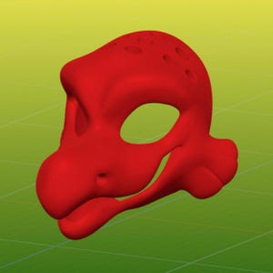 May include: A vibrant red mask with a stylized, reptilian design. The mask features a large eye opening, a prominent snout, and a series of small holes on the top. The overall shape suggests a creature or character, possibly for costume or decorative purposes.