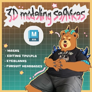 May include: An illustration advertising 3D modelling services. A cartoon bear in a black t-shirt and grey shorts is the central figure. Text reads "3D modelling services" and lists services: masks, editing, eyeblanks, and fursuit headbases. The background has a grid pattern.