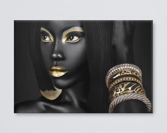 Splendida donna africana in oro Trucco e gioielli - Fotografia Stampa su tela allungata - Opzioni di dimensioni multiple