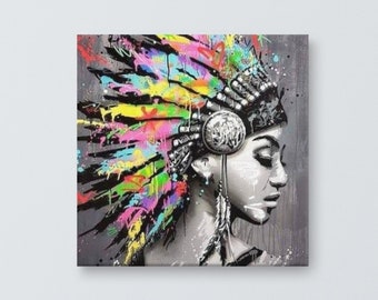 Donna africana in bianco e nero in stile graffiti Copricapo nativo americano - Stampa su tela allungata - Opzioni di dimensioni multiple