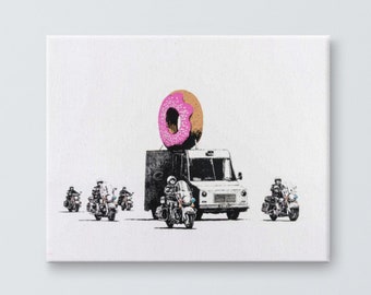 Banksy "Donuts Strawberry" Polizia escorting Donut Truck - Street Graffiti Artwork Stretched Canvas - Multiple Sizes