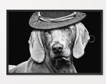 Cane in bianco e nero in un cappello che fuma una sigaretta - Pet Lover Furbaby Photography Poster (incorniciato e non incorniciato)