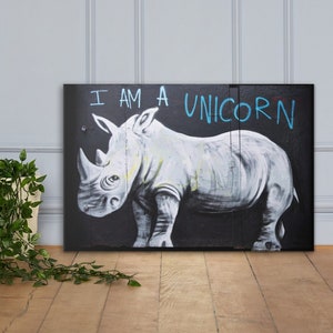 Banksy &quot;I Am A Unicorn&quot; Rhino Pure Evil - Street Graffiti Art Stretched Canvas Framed and Unframed Poster