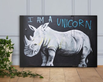Banksy "I Am A Unicorn" Rhino Pure Evil - Street Graffiti Art Stretched Canvas Framed and Unframed Poster