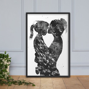 母の日ギフト 母と娘の額入りアートポスターまたはキャンバス、母が娘の額にキス、抽象的なウォールアート、母の日ベビーシャワー