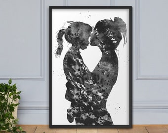 Mothers Day Gift Mom and Daughter Framed Art Poster or Canvas, Mother Kissing Daughters Forehead, Abstract Wall Art, Moms Day Baby Shower