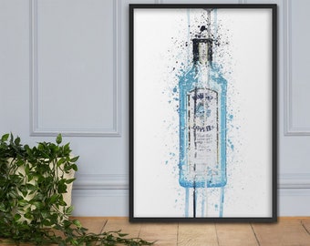 Splatter Bar Art Gin Bottle Blue - Stampa poster con cornice - Opzioni di dimensioni multiple