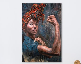 Forte donna afro-americana "We Can Do It" dipinto a olio - Idea regalo per il mese della storia nera - Stampa su tela - Opzioni di dimensioni multiple