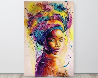 Splendida donna afroamericana con copricapo colorato in stile graffiti - Stampa astratta su tela allungata - Opzioni di dimensioni multiple