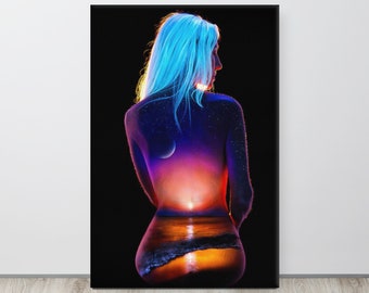 Donna Nudo Corpo Pittura Galactic Ocean Beach Tramonto Blacklight Foto - Stampa su tela allungata - Opzioni di dimensioni multiple