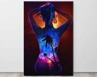 Donna Nudo Corpo Pittura Spazio Galattico Tramonto Blacklight Foto - Stampa su tela allungata - Opzioni di dimensioni multiple