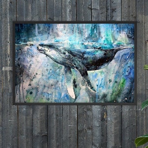 Öl Pastell Blauwal Gemälde - Ozeanisches Kunstwerk gerahmt Poster - Multiple Size Options