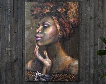 Donna africana in Headwrap Pittura ad olio - Stampa su tela allungata - Opzioni di dimensioni multiple