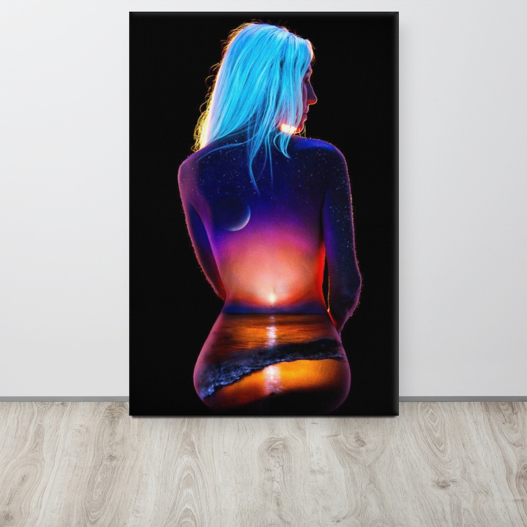 Female Nude Body Paint Galactic Ocean Beach Sunset Blacklight Photo