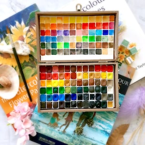 Ultimate Watercolor set - 72 shades -half pans -handmade watercolor- wood box -Limited edition