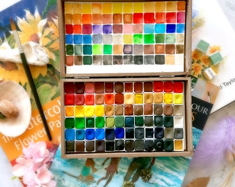 Ultimate Watercolor set - 72 shades -half pans -handmade watercolor- wood box -Limited edition