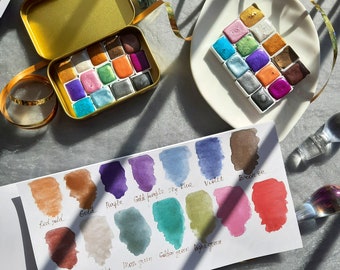 14 METALLIC Watercolor Palette in gold tin / handmade watercolor / shimmer set/ half pan/ lettering,drawing