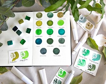 19 grüne Farbtöne - handgefertigtes Aquarell - halber Topf