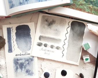 NEW! Anthracite blue - Anthracite Deep ,handmade watercolor - granulating paint - dot card ,half pan