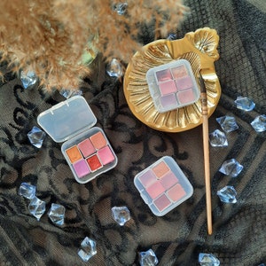 May include: Two sets of watercolor paint palettes, each with six individual pans. The palettes are white and clear plastic with a variety of pink and red watercolor paints. The palettes are on a black fabric background with gold decorative accents.