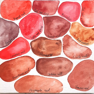 Puede incluir: Una colección de 14 muestras de pintura acuarela con nombres escritos en tinta negra. Las muestras están dispuestas en círculo e incluyen colores como Signal Red, Grape, Lacque Red, Cinnabar, Cad. Red Deep, Lake Red Deep, Wine Red, Cad Red Medium, Red Earth, Hematite, Oxide Red, Ercolano Red, Indian Red y Pozzuoli Red.
