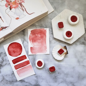 Può includere: Un set di acquerelli rossi in diverse tonalità, tra cui una vaschetta quadrata, una vaschetta rotonda e una vaschetta rettangolare. Gli acquerelli sono disposti su una superficie bianca con una conchiglia e un vassoio bianco con altre vaschette di acquerelli rossi.