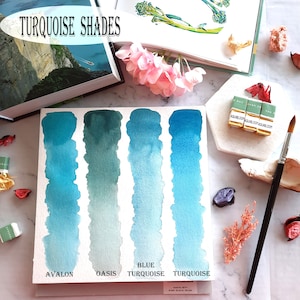 4 turquoises - aquarelle faite main - 5 nuances - demi-poêle, carte à pois