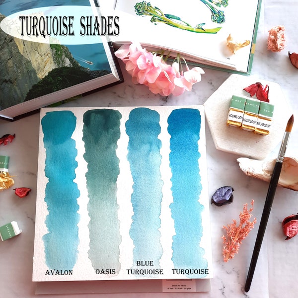 5 Turquoise - handmade watercolor - 5 shades - half pan,dot card