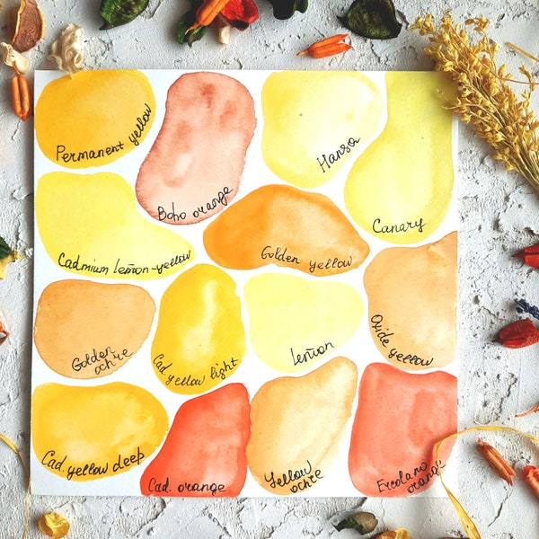 15 Yellow-Orange Shades -  dot card/handmade watercolor - make your own palette - bright colors - 12 shades