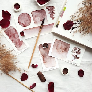 May include: A flat lay of watercolor paints and supplies, including a paintbrush, watercolor pans, and paper. The colors are shades of red and brown. The text "Grape Red", "Red Wood", and "Red Wood" are visible on the paper.