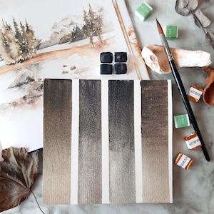 6 zwarten - handgemaakte aquarel - halve pan, stipkaart. Ivoorzwart, Rome-zwart, Vine-zwart, Oxide-zwart, Indisch zwart