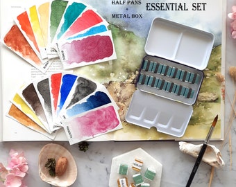 Essential watercolor set - 12/18 half pan + metal box - handmade watercolor