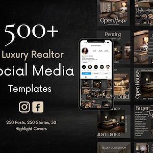 500 Luxury Real Estate Social Media, Realtor Instagram Bundle, Instagram Posts and Stories, Facebook Realtor, Social Media Templates, Canva