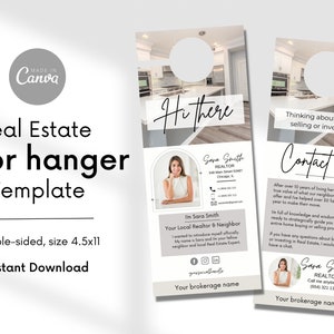 May include: Double-sided real estate door hanger template with a photo of a realtor and a kitchen interior. The front side says "Hi there" and the back side says "Thinking about buying, selling or investing? Contact me!" The template includes space for the realtor's name, contact information, and brokerage name.