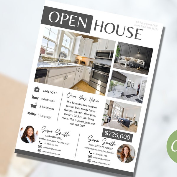 Co-branded Open House Flyer Template, Real Estate Open House Flyer, Real Estate Flyer Template, Realtor Flyer, Real Estate Marketing, Canva