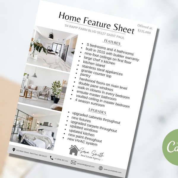 Real Estate Home Feature Sheet Flyer Template, Real Estate Marketing, Real Estate Templates, Just Listed, House Feature Sheet, Home Features