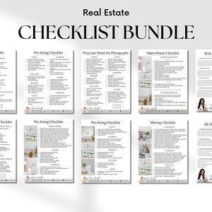 May include: A bundle of real estate checklists, including closing, pre-listing, and open house checklists. The title "CHECKLIST BUNDLE" is in a bold, elegant font. Each checklist features a photo and a list of items. The background is a light gray.