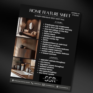 May include: A black and white home feature sheet with photos of a kitchen, bathroom, and living room. The sheet lists features of a 5 bedroom, 4 bathroom home located at 54 Rapp Farm Blvd, Saint Paul, Minnesota. The home was built in 2015 and has a builder warranty. Features include nine-foot ceilings, a large chef's kitchen, stainless steel appliances, granite countertops, a pantry, hardwood floors, double-pane windows, walk-in closets, an ensuite master bathroom, a vaulted ceiling, a four-season sunroom, upgraded cabinets, new fixtures, upgraded carpets, updated windows, an updated kitchen, new paint, and a new HVAC system.