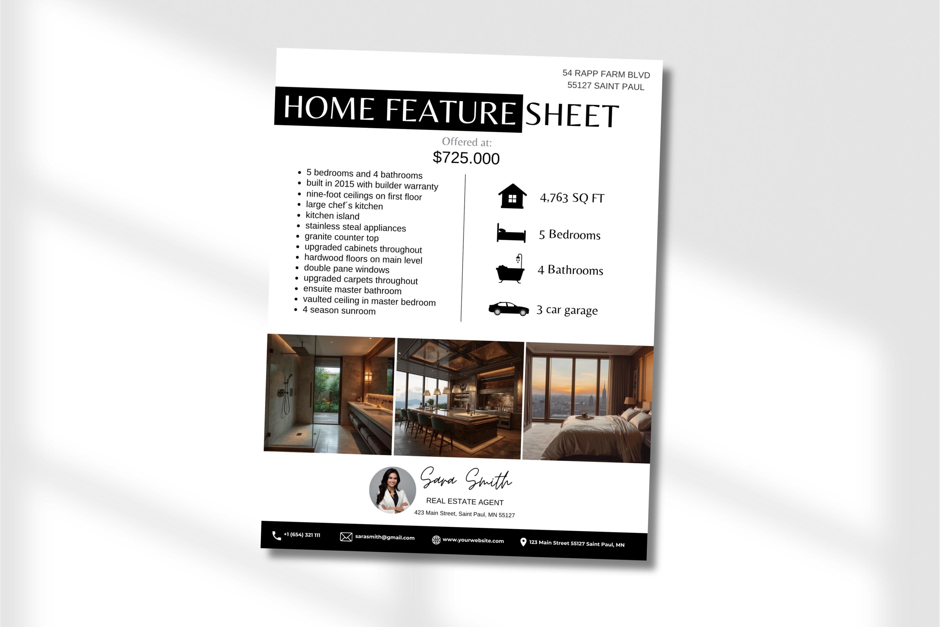 Home Feature Sheet Template | Editable Real Estate Printable Template ...