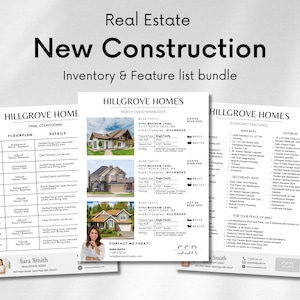 May include: Three white printed documents with the text "Real Estate New Construction Inventory & Feature list bundle". The documents include floorplans, home details, and standard features. The documents are for Hillgrove Homes.