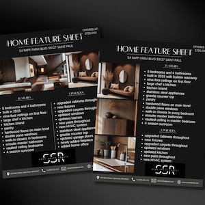 May include: A black and white home feature sheet with photos of a modern home interior. The sheet lists features such as 5 bedrooms, 4 bathrooms, nine-foot ceilings, a large chef's kitchen, a kitchen island, stainless steel appliances, granite countertops, a pantry, hardwood floors, double-pane windows, walk-in closets, an ensuite master bathroom, vaulted ceilings, and a four-season sunroom. The sheet also lists upgrades such as upgraded cabinets, new fixtures, upgraded carpets, updated windows, updated kitchens, new paint throughout, a new HVAC system, stainless steel appliances, granite countertops, updated garage doors, a newly added fireplace, and an added home office. The sheet is from SSR Real Estate.