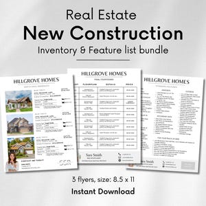 May include: Three black and white flyers advertising new construction homes. The flyers feature photos of the homes, floor plans, details, and pricing. The flyers are titled "Hillgrove Homes" and include the text "Contact me today!" and "Made in Canva".
